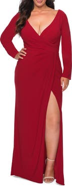 La Femme Long Sleeve Curvy Prom Dress with Ruching