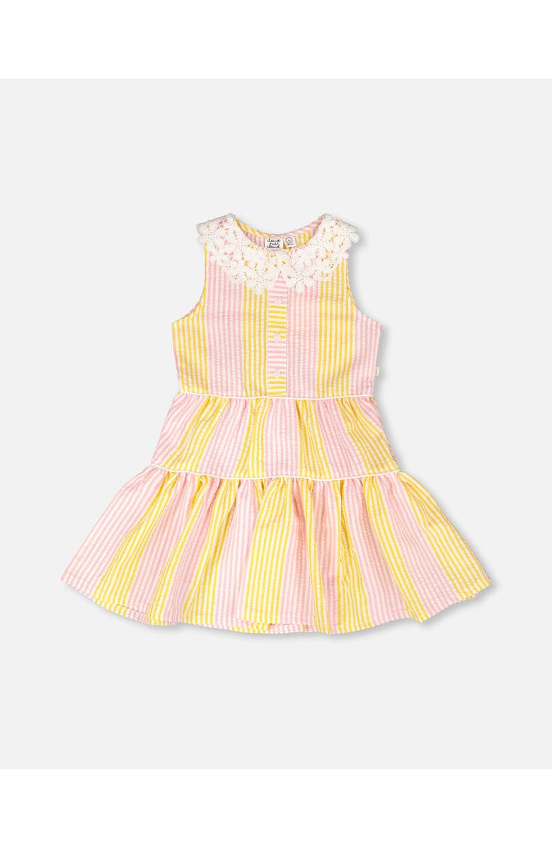 Deux par Deux Sleeveless Crochet Peter Pan Collar Stripes Dress, Main, color, Pink &Yellow Stripes