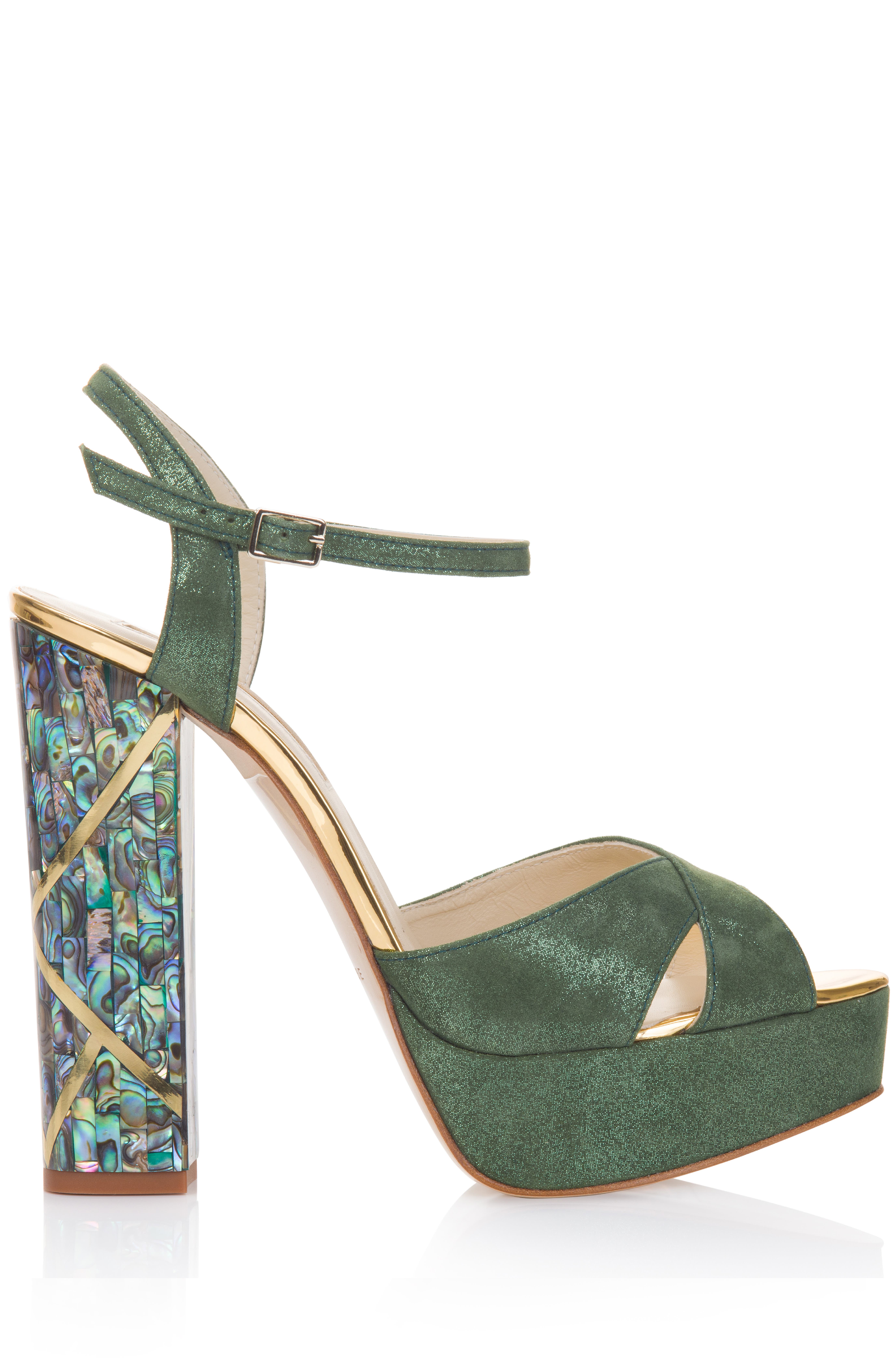 Cher Verde Ankle Strap Pearl Heel Sandal, Main, color, Green