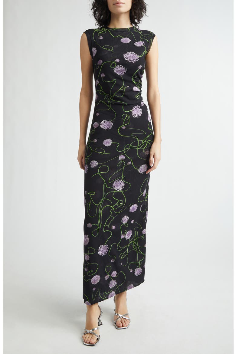 Twisted Floral Mesh Body-Con Midi Dress, Main, color, BLACK MULTICOLOR