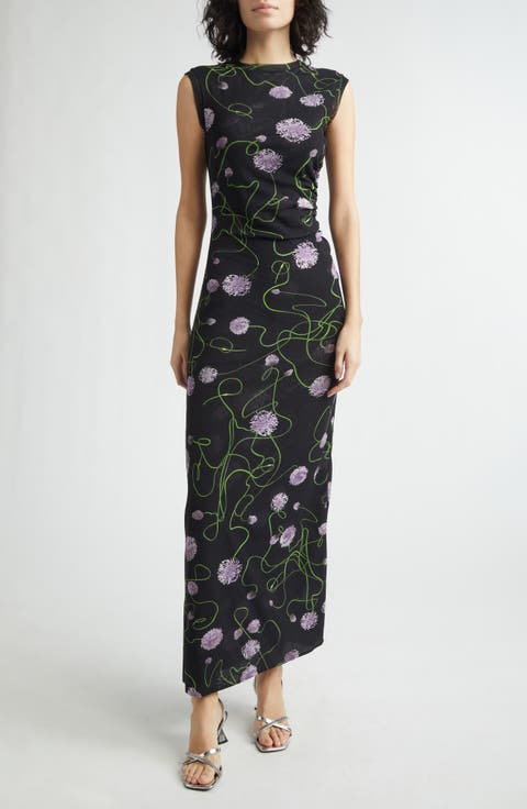 Twisted Floral Mesh Body-Con Midi Dress