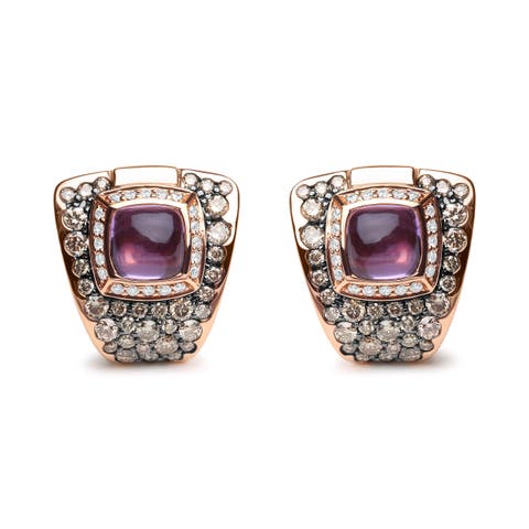 18K Gold 1 1/2 Cttw Diamond & Amethyst Gemstone Geometrical Stud Earrings