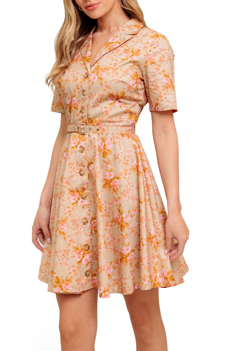 Floral Short Sleeve Fit & Flare Shirtdress, Alternate, color, TAUPE