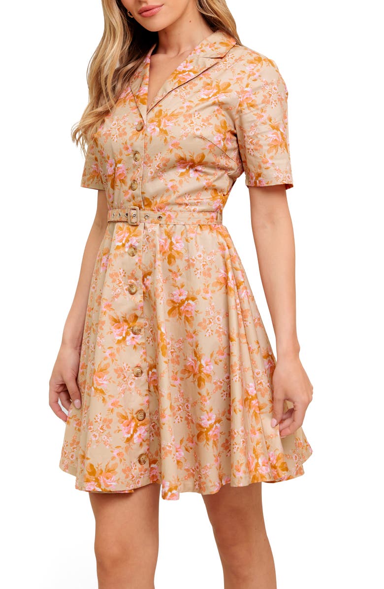 FLYING TOMATO Floral Short Sleeve Fit & Flare Shirtdress, Alternate, color, Taupe