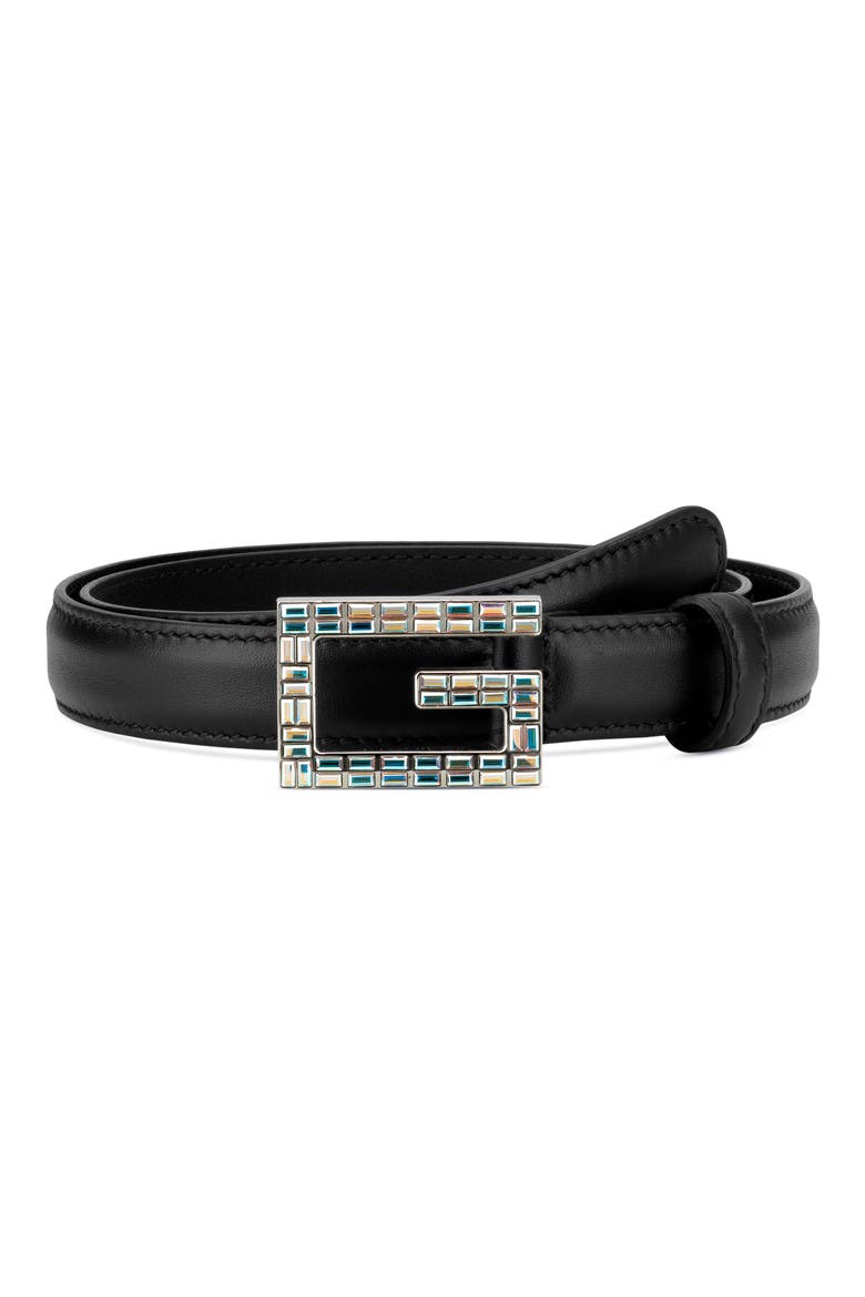 Madelyn Crystal Logo Buckle Leather Belt, Main, color, NERO/ CRYSTAL AB