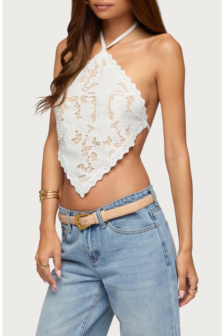Handkerchief Lace Open Back Halter Top, Alternate, color, WHITE