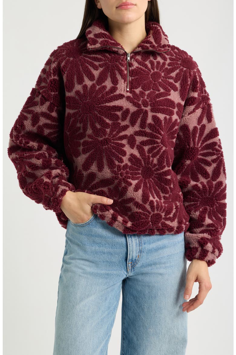 Floral Faux Shearling Half Zip Pullover, Main, color, BORDEAUX