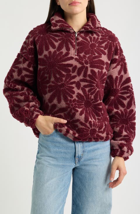 Floral Faux Shearling Half Zip Pullover