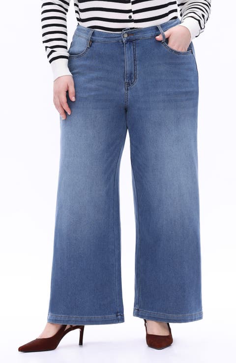 High Waist Wide Leg Jeans (Bluebell) (Plus)