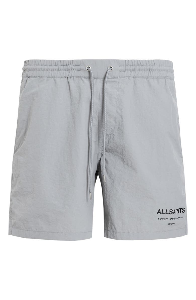 AllSaints Underground Logo Print Swim Trunks, Main, color, Machine Grey