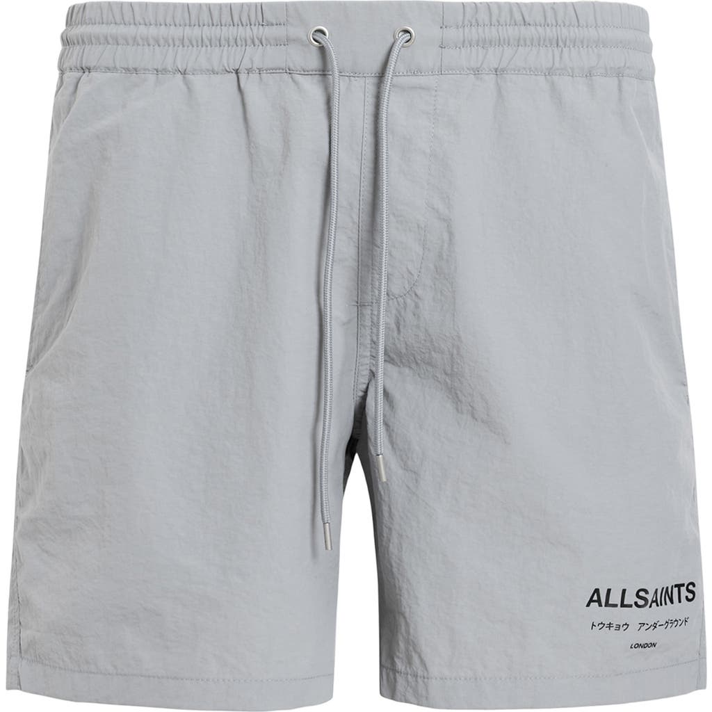 Allsaints Mens Underground Logo-print Recycled-polyamide Swim Shorts Machine Grey