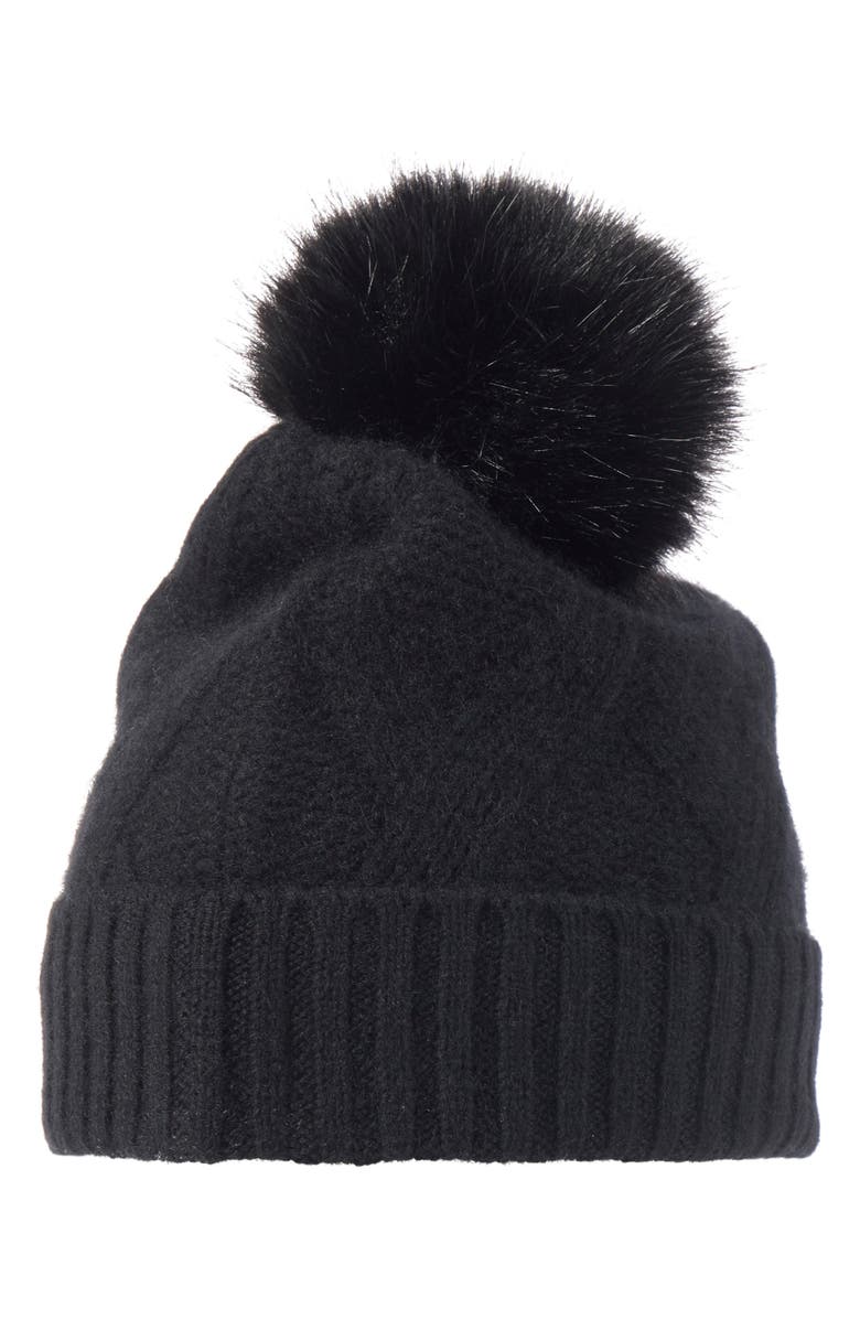Sofia Cashmere Faux Fur Pom Diamond Cable Cashmere Knit Beanie, Main, color,