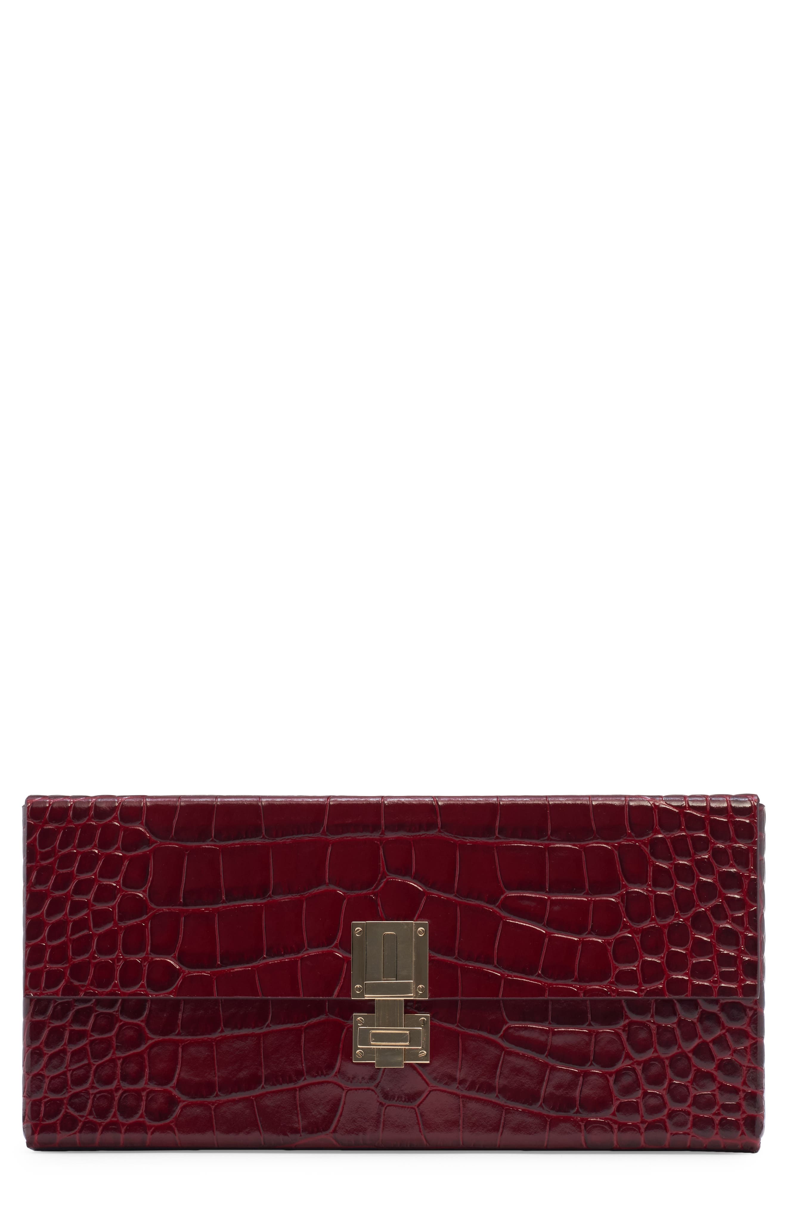 TOM FORD Croc Embossed Patenet Leather East/West Box Clutch, Main, color, 1R008 Ruby Red