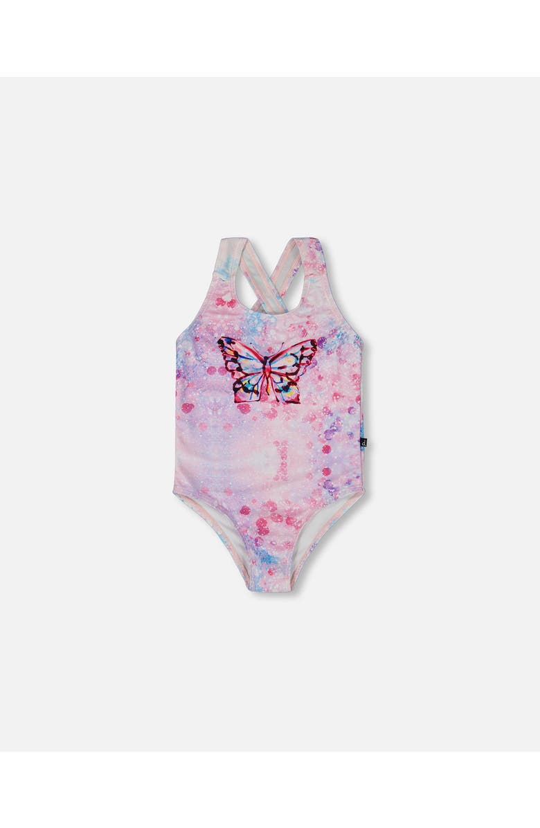 Deux par Deux Little Girl's Printed One-Piece Swimsuit Pink Butterflies With Bubble Effects, Main, color, Pink Butterflies Bubble Effect