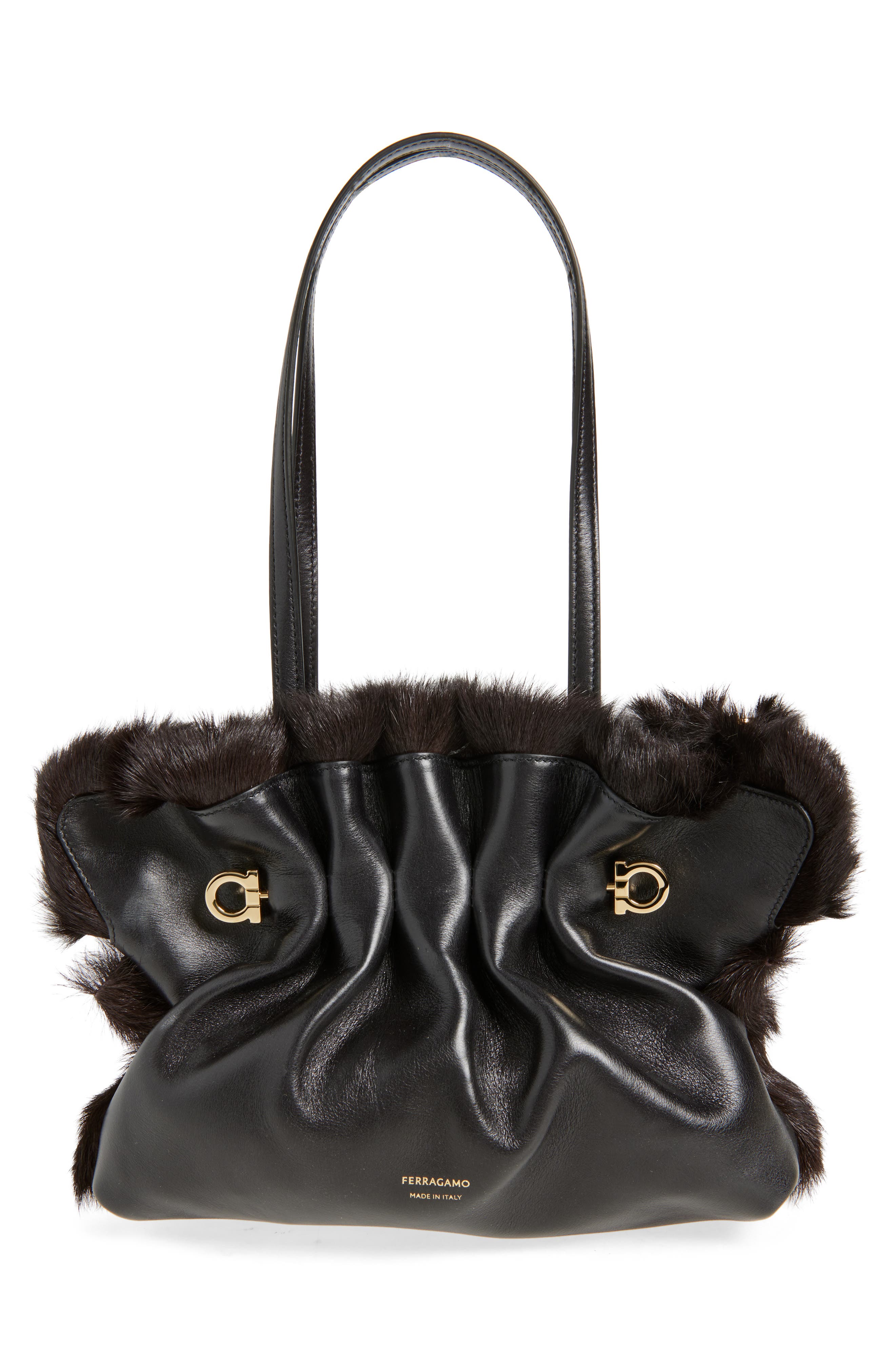 FERRAGAMO Small Gancio Piercing Soft Leather & Genuine Shearling Shoulder Bag, Alternate, color, Nero