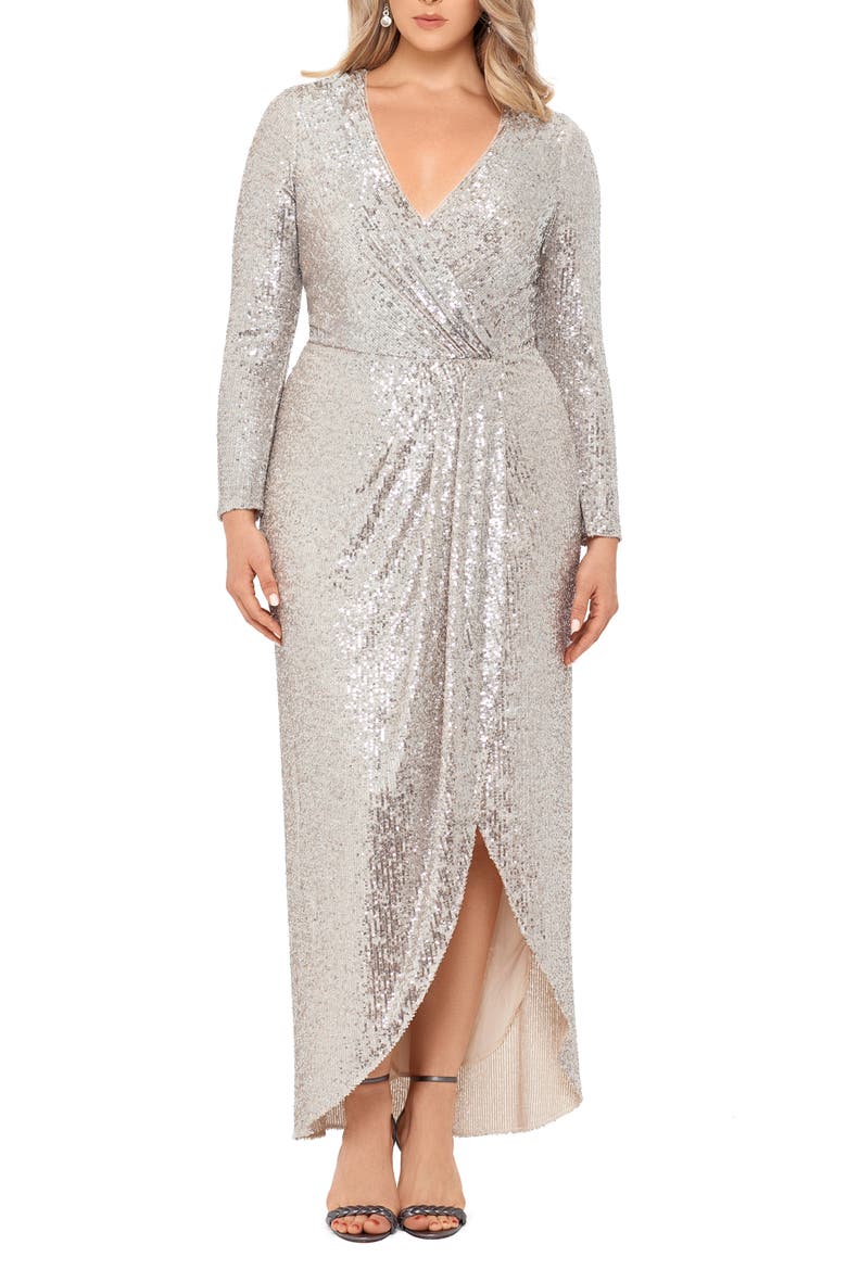 Xscape Long Sleeve Faux Wrap Sequin Gown, Main, color, NUDE/ SILVER