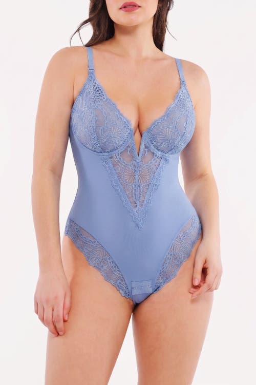 Popilush Plus Size Shapewear Lace Deep V-neck Sculpting Thong Bodysuit In Baby Blue