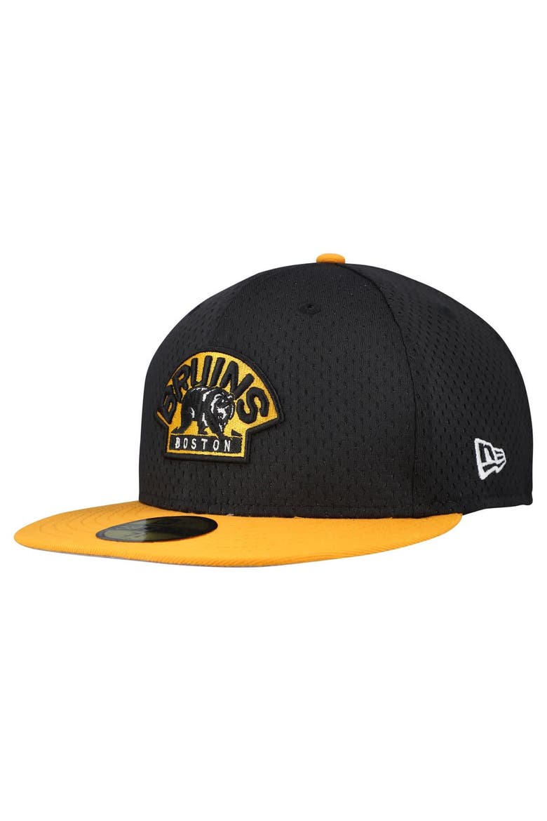 Men's New Era Black/Gold Boston Bruins Mesh Crown Two-Tone 59FIFTY Fitted Hat, Alternate, color, Black