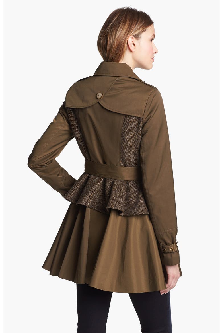 Tweed Panel Peplum Trench Coat, Alternate, color, OLIVE