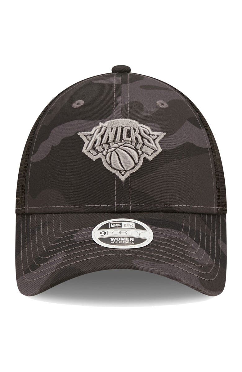 New Era Women's New Era  Charcoal New York Knicks Camo Glam 9FORTY Trucker Snapback Hat, Alternate, color, 