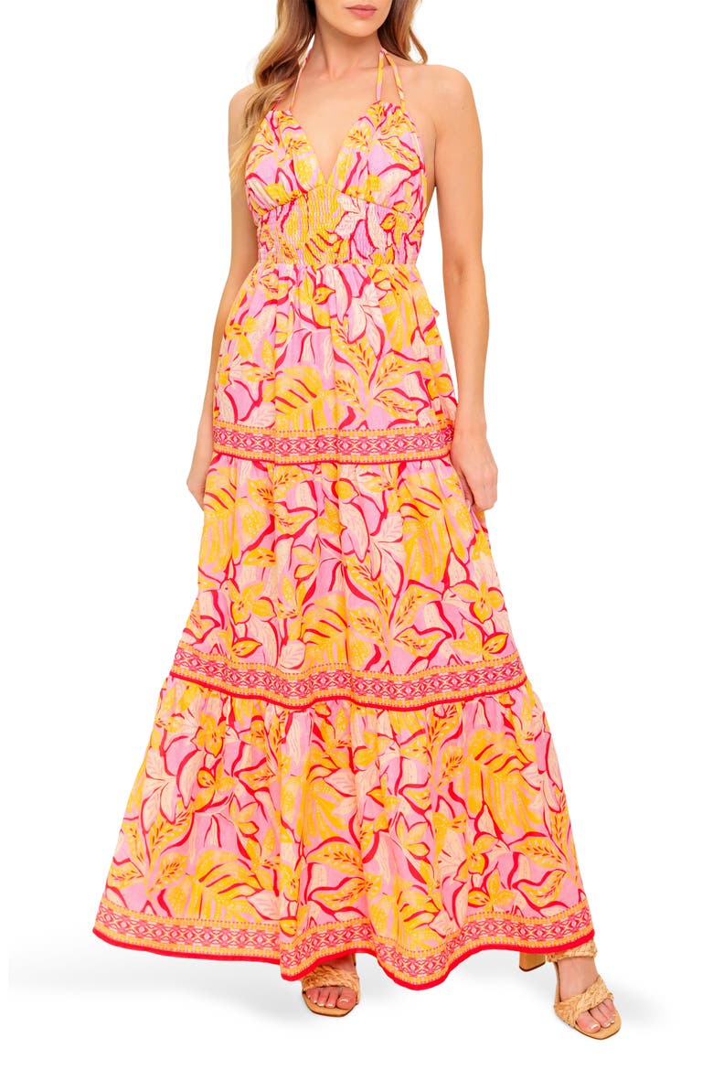 Tropical Print Halter Maxi Dress, Main, color, PINK/ MUSTARD