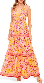 FLYING TOMATO Tropical Print Halter Maxi Dress