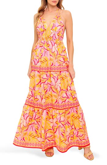 Flying Tomato Tropical Print Halter Maxi Dress In Orange