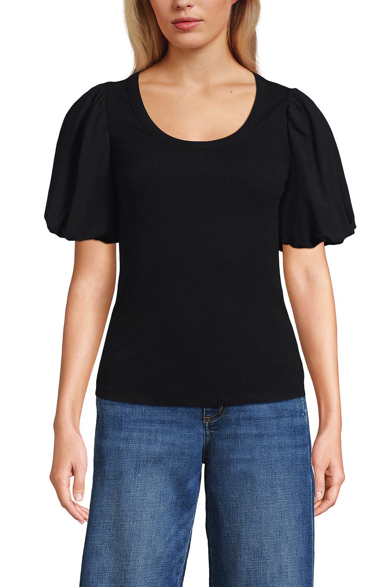 Lands' End Drapey Rib Puff Sleeve Scoop Neck Top, Alternate, color, Black