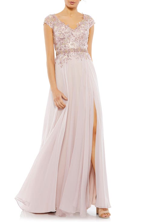 Embellished Cap Sleeve Bodice Chiffon Gown
