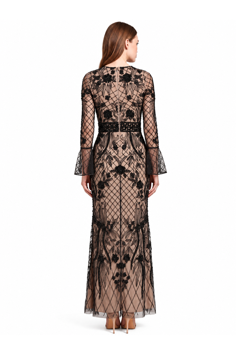 Bell Sleeve Beaded Gown, Alternate, color, Black/Nude