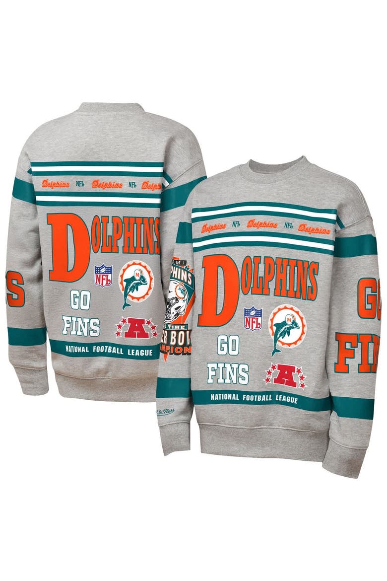 Youth Mitchell & Ness Gray Miami Dolphins Throwback All-Over Print Fleece Sweatshirt, Main, color, Gray