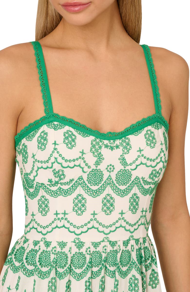 Adrianna Papell Embroidered Cotton Eyelet Midi Sundress, Alternate, color, Green/ Ivory
