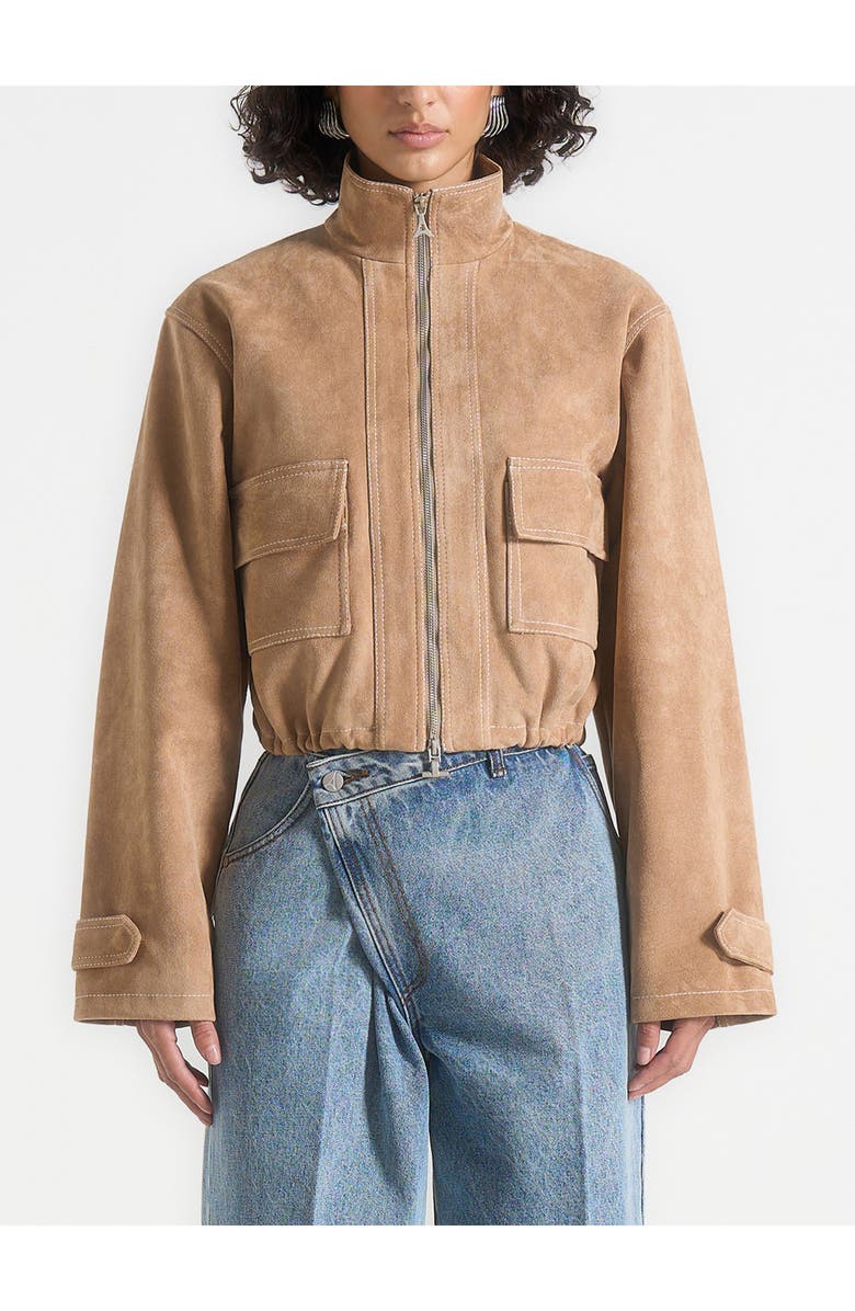 Manière De Voir Nawel Suede Contrast Stitch Jacket With Cinched Hem, Alternate, color, Beige