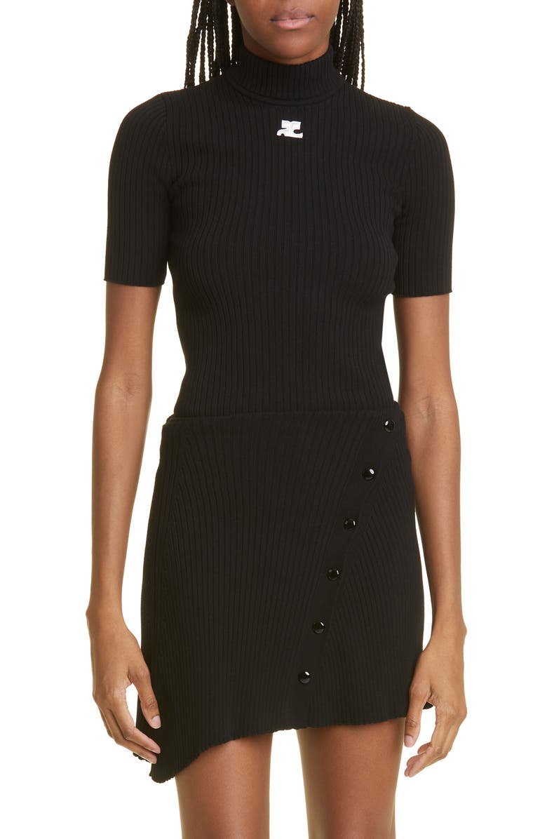 Courrèges Embroidered Logo Mock Neck Rib Sweater, Main, color, Black