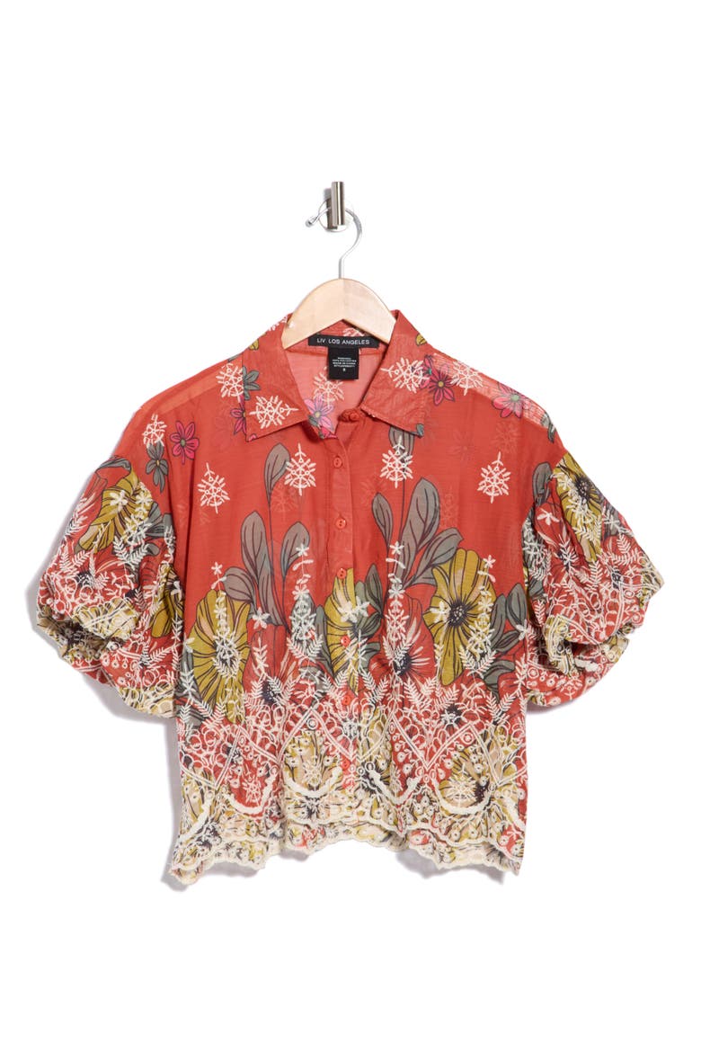 Embroidered Eyelet Bubble Sleeve Shirt, Main, color, RED