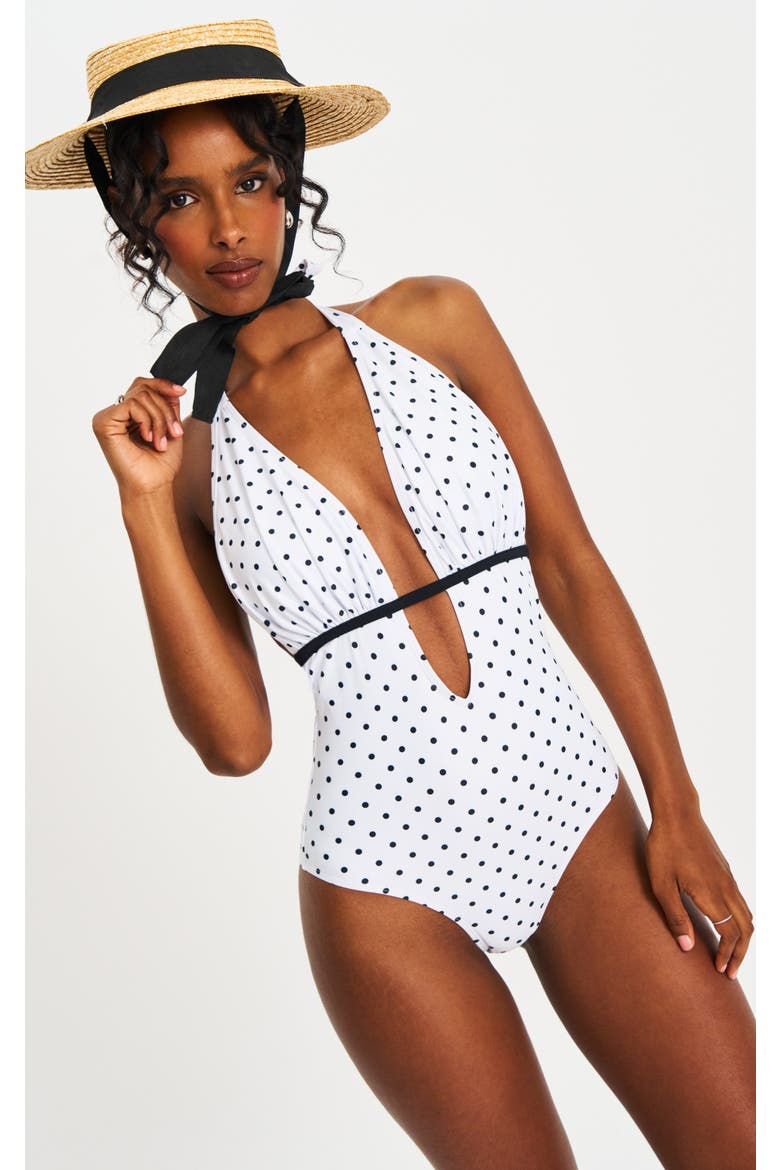 Olive Polka Dot Ruched Breast Halter Backless Swimsuit, Main, color, White