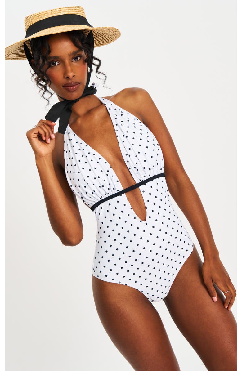 Miss Circle Olive Polka Dot Ruched Breast Halter Backless Swimsuit, Main, color, White