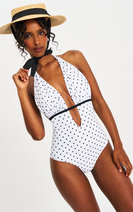 Olive Polka Dot Ruched Breast Halter Backless Swimsuit