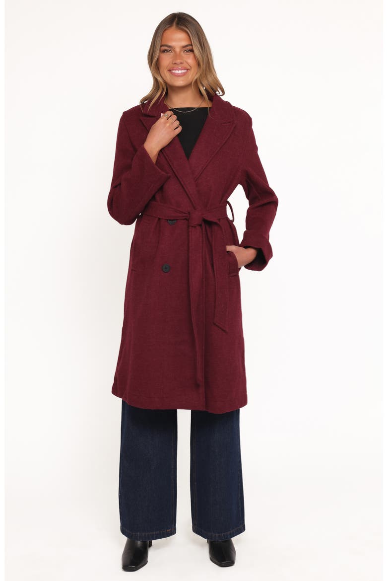 Nina Belted Faux Fur Collared Coat, Alternate, color, BURGUNDY