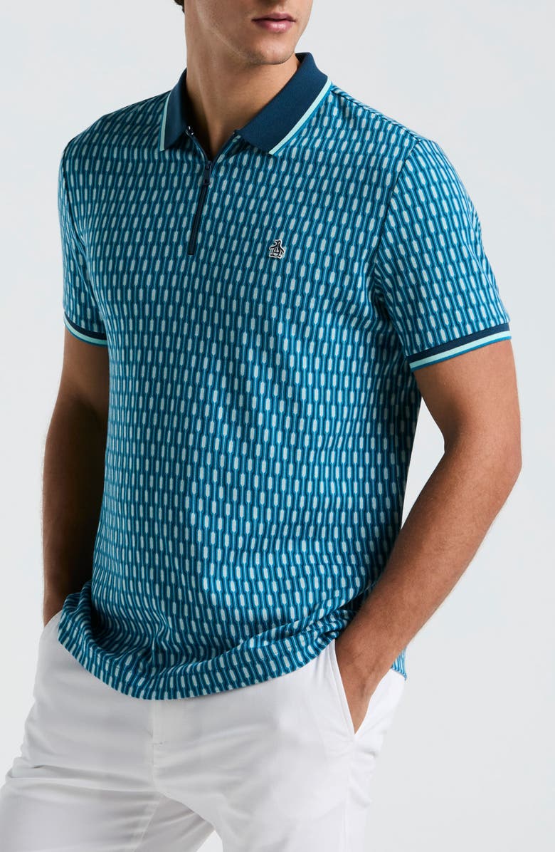 Original Penguin Geometric Jacquard Tipped Zip Polo, Main, color, Mosaic Blue