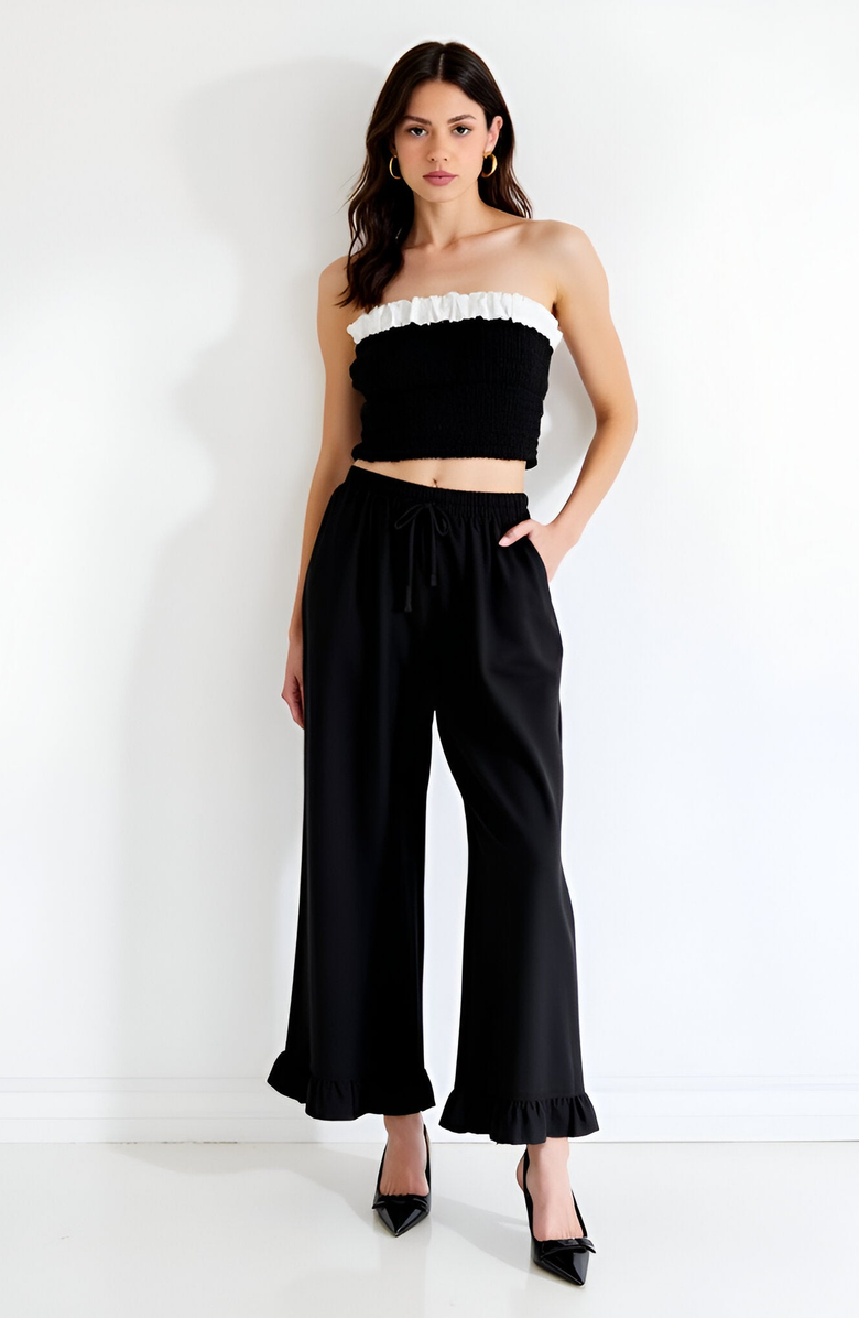 Modenaire Wide Leg Drawstring Pants with Ruffle Hem, Alternate, color,