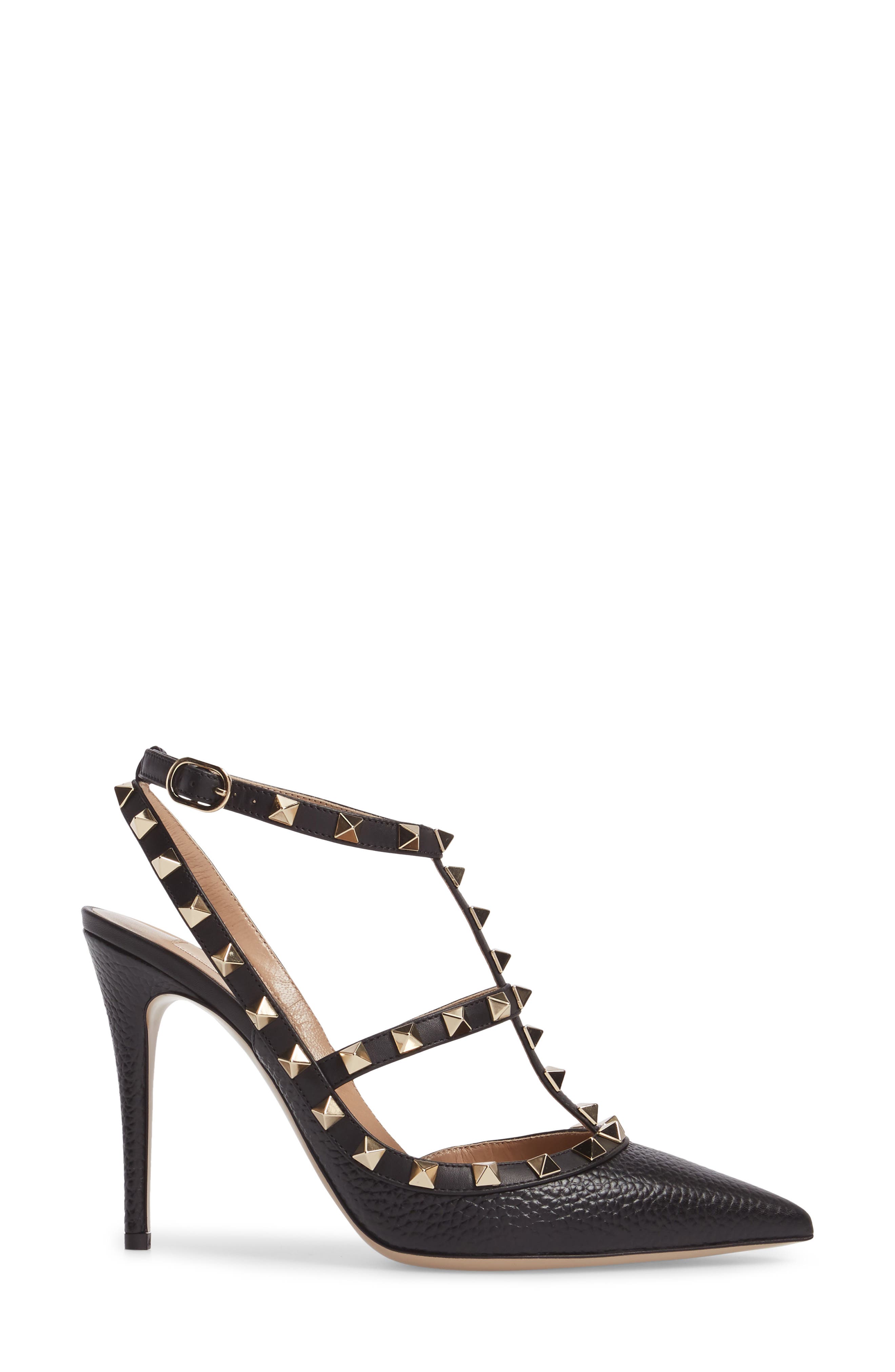 Rockstud T-Strap Pointed Toe Pump, Alternate, color, BLACK