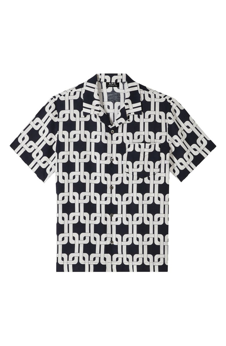 A.P.C. Lloyd Link Print Viscose & Linen Camp Shirt, Alternate, color, Iak Dark Navy