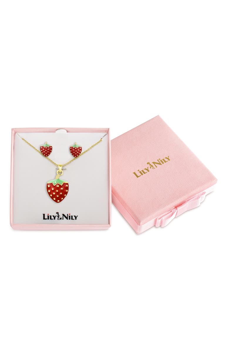 Lily Nily Kids' Strawberry Pendant Necklace & Stud Earrings Set, Alternate, color, Gold/Red