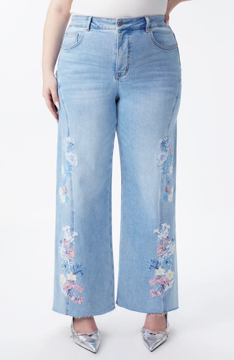 Embroidered High Waist Wide Leg Jeans