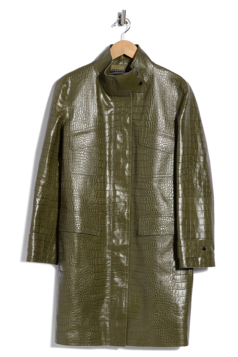 Croc Embossed Leather Coat, Main, color, KHAKI