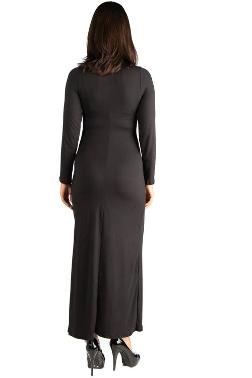 24seven Comfort Apparel Long Sleeve Side Slit Fitted Black Maternity Maxi Dress In Animal Print
