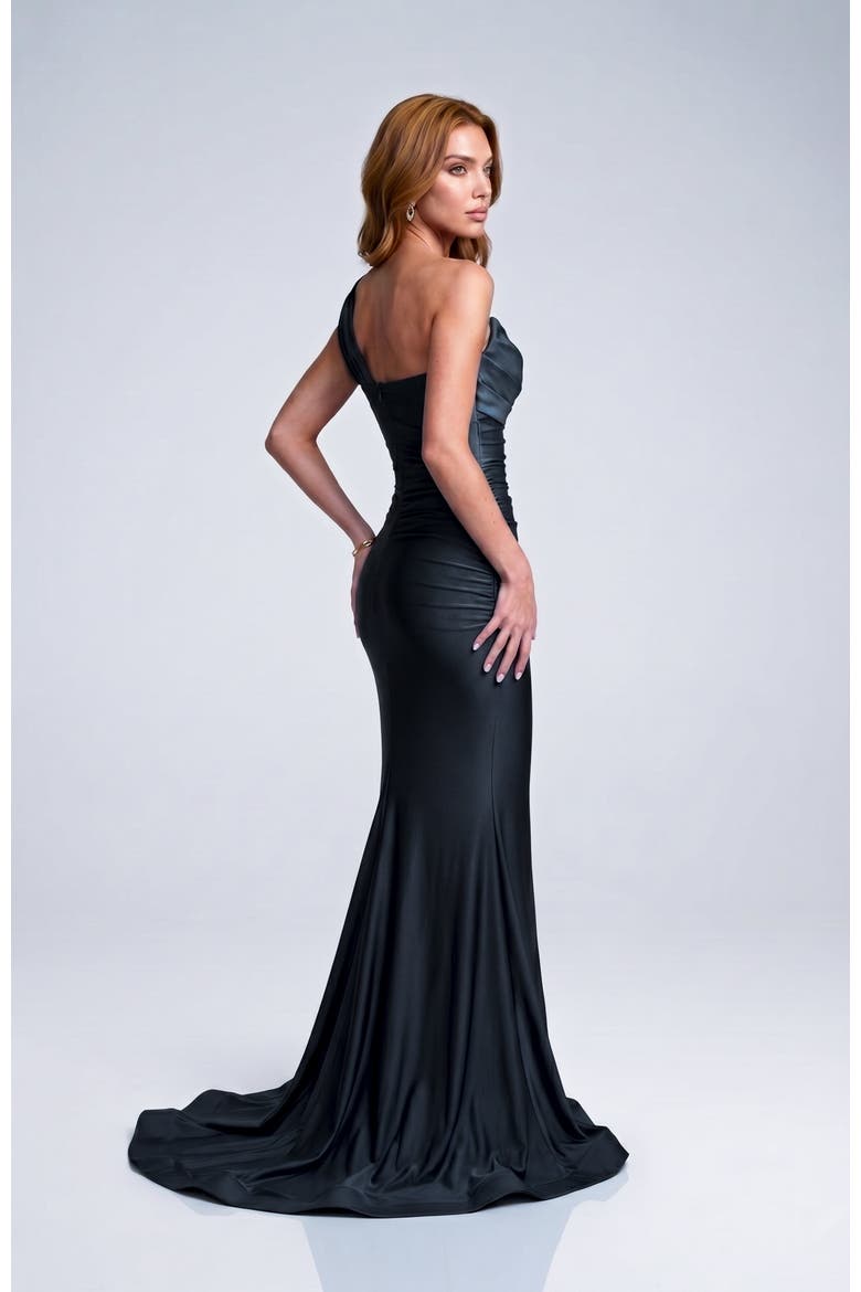 Strapless Layered Tulip Bodice Mermaid Evening Gown, Alternate, color, Black