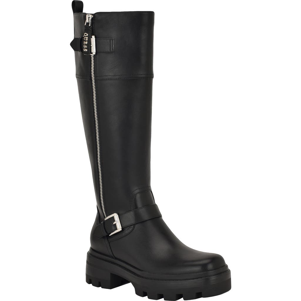 Guess Womens Lynnie Tall Buckle Moto Lug Boots Regular Wide Calf In Black