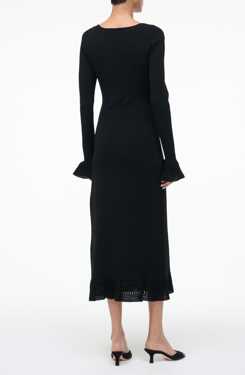 STAUD Shelley Lace & Ruffle Long Sleeve Midi Dress, Alternate, color, Black